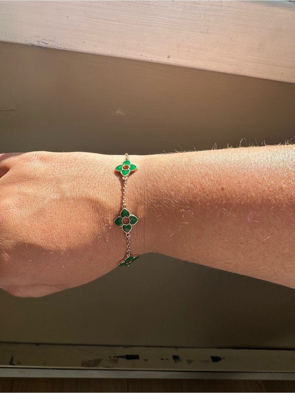 ALDO Gold-Tone Green Enamel Four-Leaf Clover / Floral Station Chain Bracelet